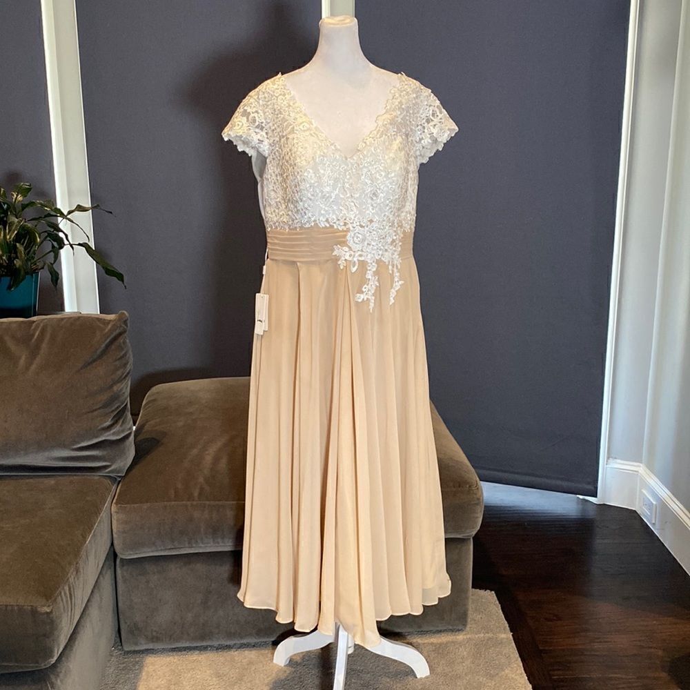 Women’s Ivory Lace Top Chiffon V-Neck with Cap Sleeves Dress Size 14 NWT